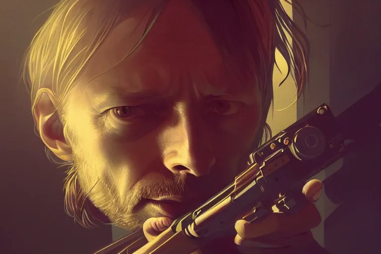 Image similar to photography of thom yorke with an ak 4 7, deep focus, d & d, intricate, elegant, highly detailed, digital painting, artstation, concept art, matte, sharp focus, illustration, hearthstone, art by artgerm and greg rutkowski and alphonse mucha