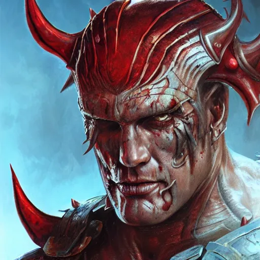 Prompt: closeup portrait shot of dolph lundgren as khorne, the blood god, lord of skulls, kharneth, battle, rage, highly detailed, digital painting, artstation, concept art, soft focus, depth of field, artgerm, tomasz alen kopera, peter mohrbacher, donato giancola, wlop, boris vallejo