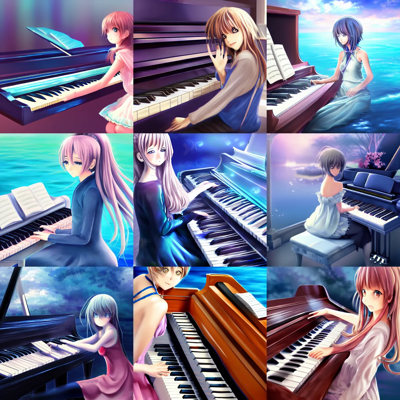 Prompt: Anime girl playing piano on blue water, digital painting, lots de details, detailed, 4k
