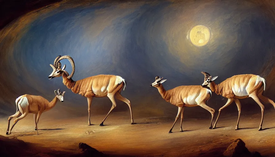 Image similar to highly detailed painting of antelopes on the surface of the moon by william turner, thick brush strokes and visible paint layers, 4 k resolution