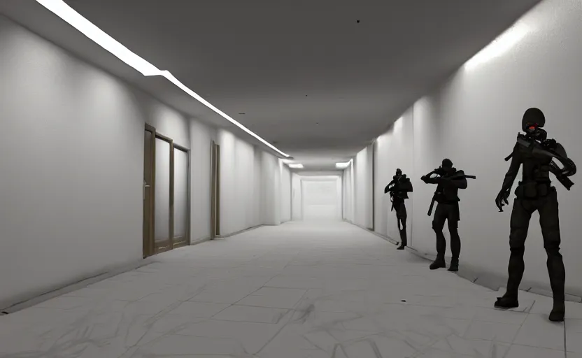Image similar to screenshot of a first person shooter game on unreal engine 5, narrow modern hallways of a government office facility with white dry wall, female hands painted nails holding gun, photorealistic, retrofuturism, concept art, trending on artstation