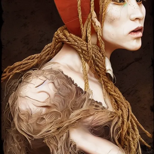 Prompt: portrait of a Shibari rope wrapped face and neck, headshot, insanely nice professional hair style, dramatic hair color, digital painting, of a old 15th century, old cyborg merchant, amber jewels, baroque, ornate clothing, scifi, realistic, hyper detailed, chiaroscuro, concept art, art by Franz Hals and Jon Foster and Ayami Kojima and Amano and Karol Bak,