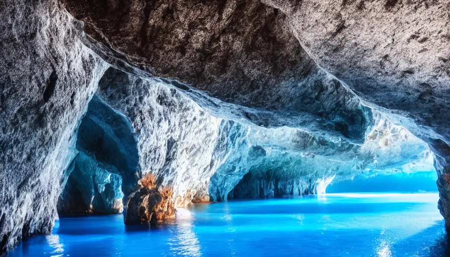 Prompt: Blue cave during the day, blue water, reflections ,god rays, incredible lighting, 4k photography award winning,