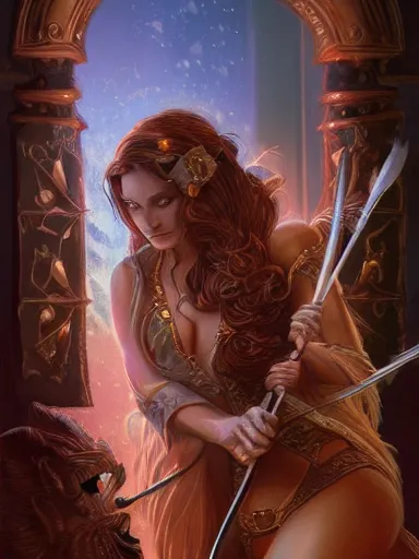 Image similar to seven wands tarot. intricate, elegant, highly detailed, digital painting, artstation, concept art, sharp focus, illustration, by justin gerard and artgerm, 8 k