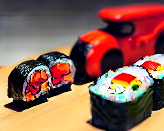 Image similar to A sushi tractor, sharp focus, toy photography by Artgerm and Greg Rutkowski and WLOP