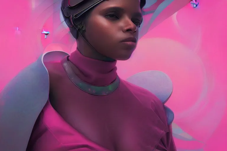 Image similar to patron saint 👩🏾, futuristic clothing, pink background, warped gravity, neon god of city character portrait, in the style of moebius, wlop, tom bagshaw, and waterhouse, cinematic lighting, beautiful, elegant, oil painting,