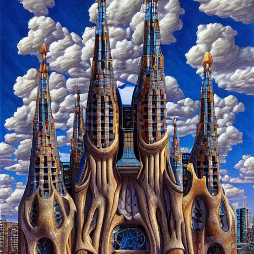 Image similar to city skies hyper realism 8 k by antoni gaudi, arthur adams, rob gonsalves, artgerm