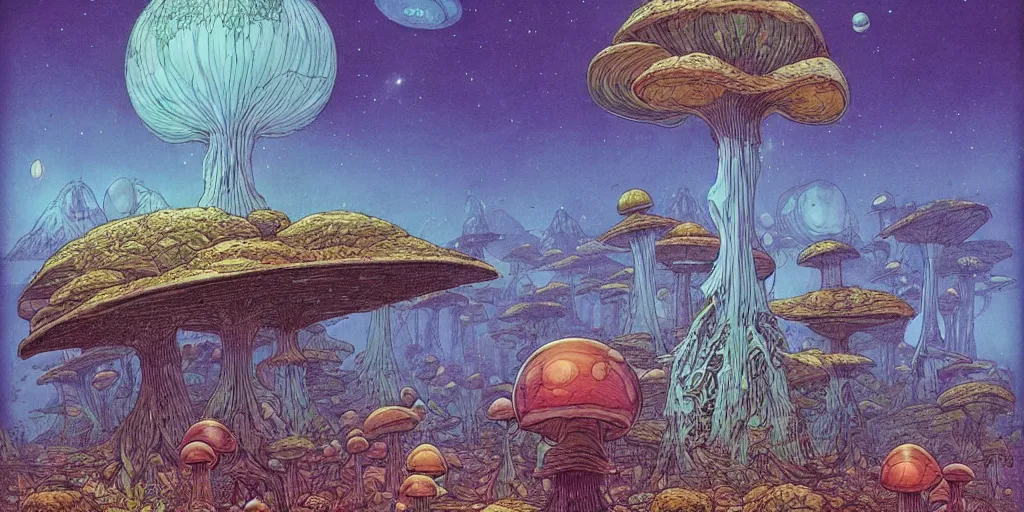 Image similar to 1970s sci-fi mushroom planet by Moebius and Mohrbacher, incredible atmosphere,