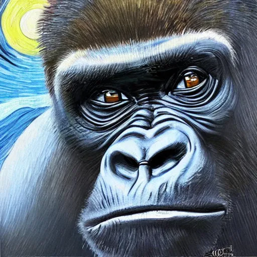 Prompt: a painting of a gorilla, hyper realistic painting in style of van gogh