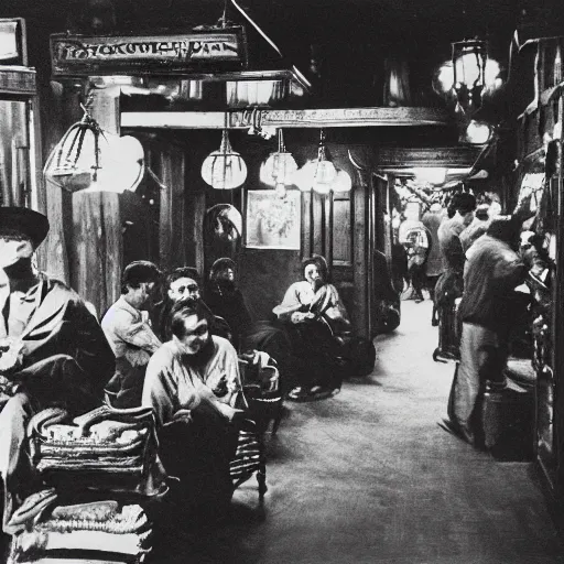 Image similar to crowded opium den, monochrome film, dreamlike,