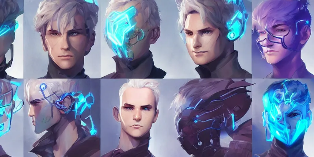 Image similar to concept art of young male netrunner d & d video game characters head designs, unique hair designs, by marc brunet and artgerm