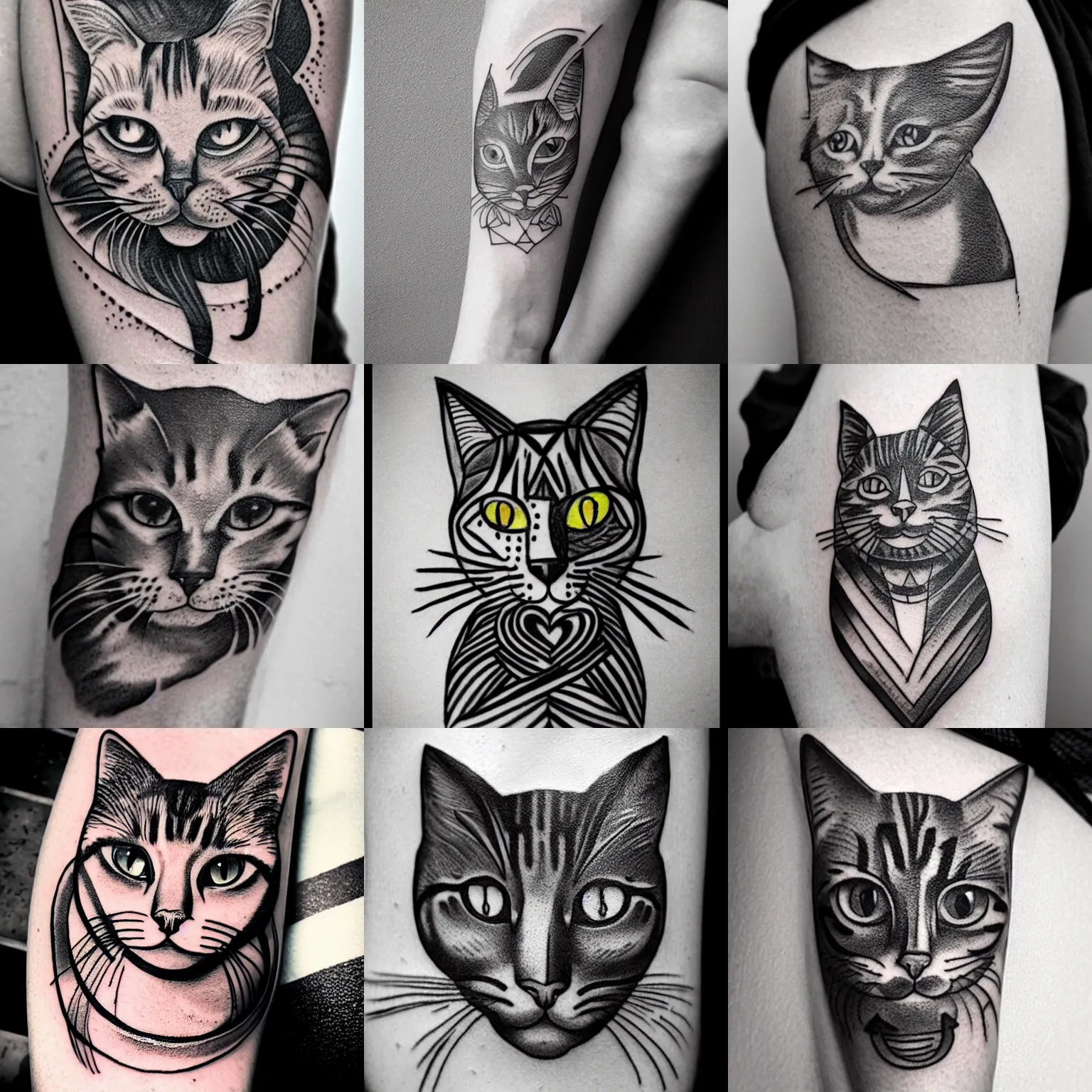 Prompt: tattoo portrait of a cat, picasso, line art, outline, bold, beautiful, striking, stick and poke, black and white