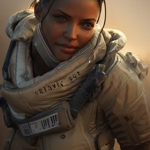 Image similar to photo realistic image of lifeline from apex legends, stunning 3 d render inspired art by istvan sandorfi and greg rutkowski, character posing, complete body, realistic and detailed eyes, realistic, highly detailed attributes and atmosphere, dim volumetric cinematic lighting,