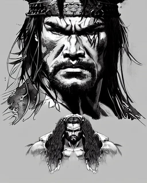 Prompt: portrait of conan the barbarian, concept art, sumi - e style, intricate linework, artstation, trending, highly detailed, smooth, focus, art by yoji shinkawa