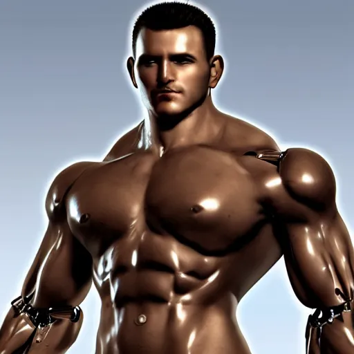 Image similar to a realistic detailed photo of a bodybuilder who is also a male android, Chris Redfield, shiny skin, posing robotically. blank stare