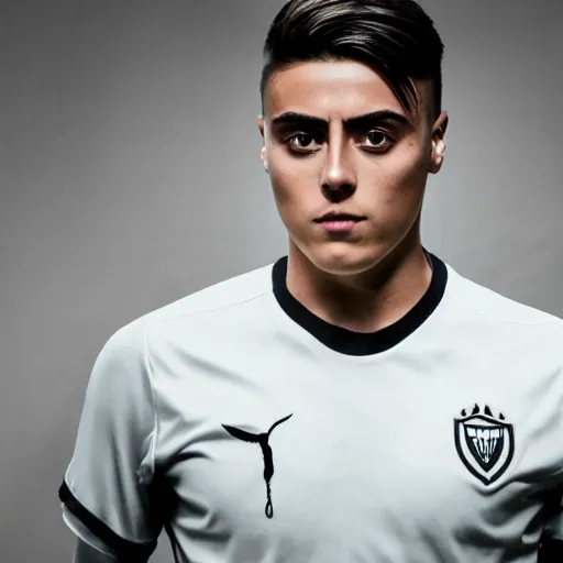 Image similar to a realistic detailed photo of a guy who is an attractive humanoid who is half robot and half humanoid, who is a male android, soccer player paulo dybala, shiny skin, posing like a statue, blank stare, in a living room, on display, showing off his muscles