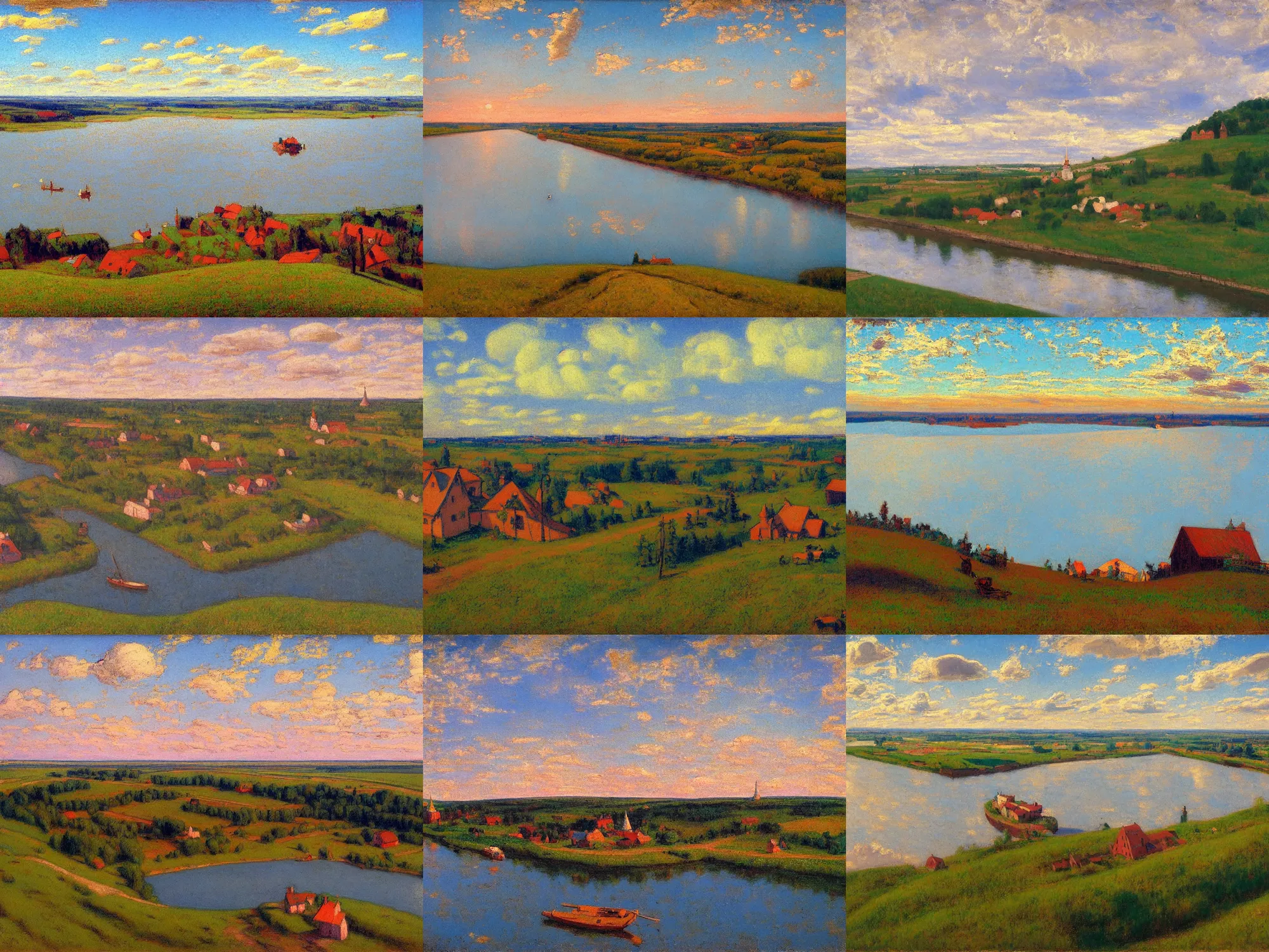 Prompt: nissky painter, tibor nagy, academic russian painting, wide river and tiny house on the top of the hill, epic wide sky and horzon, pastel colors, ultra view angle view, 'Nad vechnim pokoem' painting in the style of isaac levitan and georgy nissky, peredvishniki