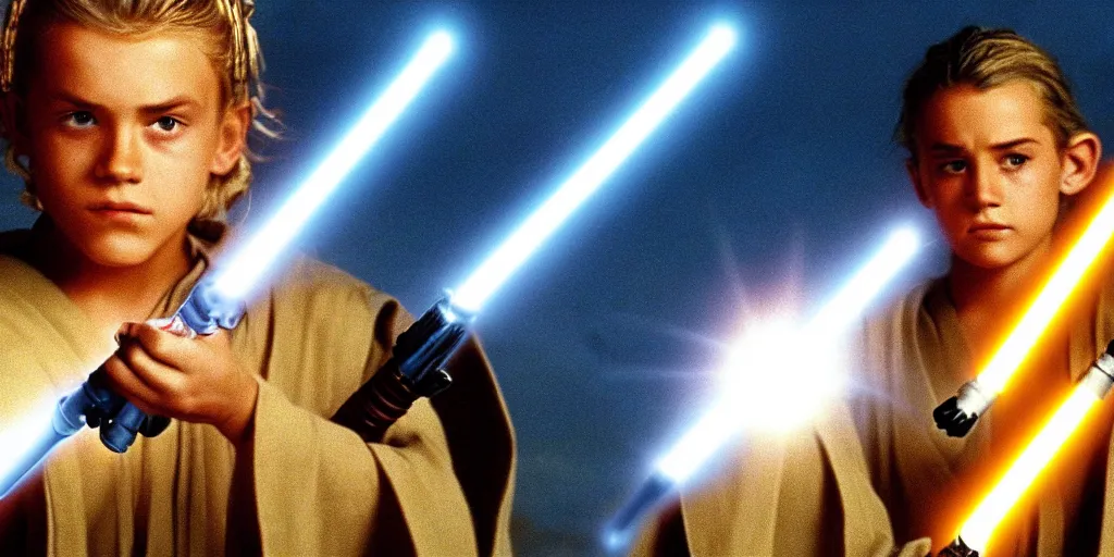 Prompt: !dream A full color still of a teenage blonde Jedi padawan holding the HILT of a lightsaber, looking scared, at golden hour!, from The Phantom Menace, directed by Steven Spielberg, 35mm!!! 1990