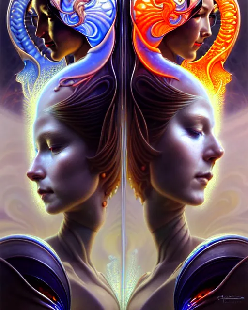 Image similar to a portrait of gemini water and fire fantasy character portrait made of fractals facing each other, ultra realistic, wide angle, intricate details, the fifth element artifacts, highly detailed by peter mohrbacher, hajime sorayama, wayne barlowe, boris vallejo, aaron horkey, gaston bussiere, craig mullins