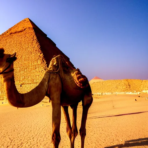 Image similar to photo a camel walking up the great pyramid, award winning, golden hour