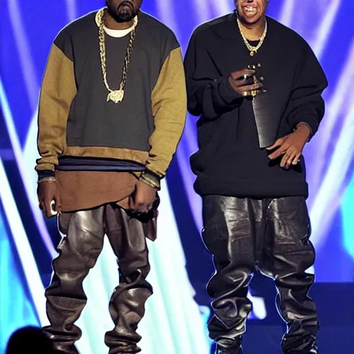 Prompt: kanye west & jay z performing the watch the throne tour at the nickelodeon's kid's choice awards, audience recording, 2 0 1 1