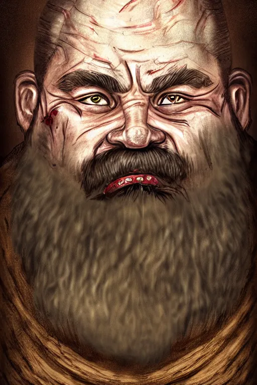 Prompt: head and shoulders portrait of a dwarf adventurer, jovial, scarred lip, grandfatherly, leather armor, male, tavern background, high fantasy, d & d, by klimt, face details, extremely detailed, digital illustration