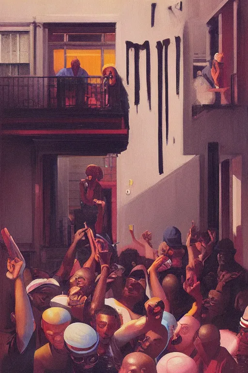 Image similar to a rap concert, a set of dj hiphop style on harlem street, Edward Hopper and James Gilleard, Zdzislaw Beksisnski, highly detailed