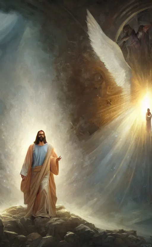 Image similar to jesus looking into a portal hopping and time warping with reckless abandon, surrounded by thousands of angels, masterpiece digital painting by Greg Rutkowski, Alex Grey, artstation, 4k wallpaper