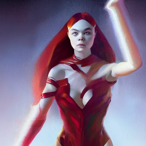 Prompt: portrait of modern darna, elle fanning in prey, intricate, elegant, dark vibes, highly detailed, digital painting, artstation, glamor pose, concept art, smooth, sharp focus, illustration, art by wlop, mars ravelo and greg rutkowski