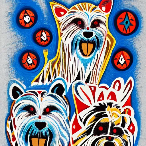 Prompt: tlingit haida lithographic, havanese dog, abstract, lithograph print by nathan jackson and tristan - wolf and maynard johnny jr. and cori savard