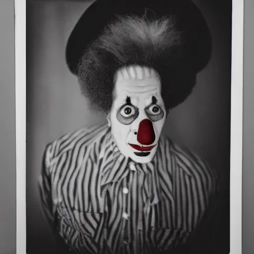 Image similar to portrait of a clown by Diane Arbus, 50mm, black and white