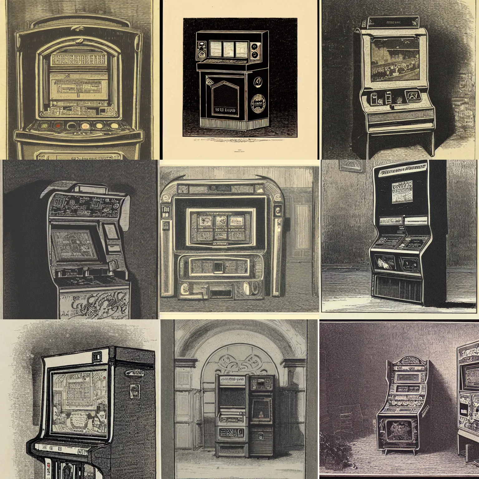 Prompt: arcade machine, etching by louis le breton, 1 8 6 9, 1 2 0 0 dpi scan