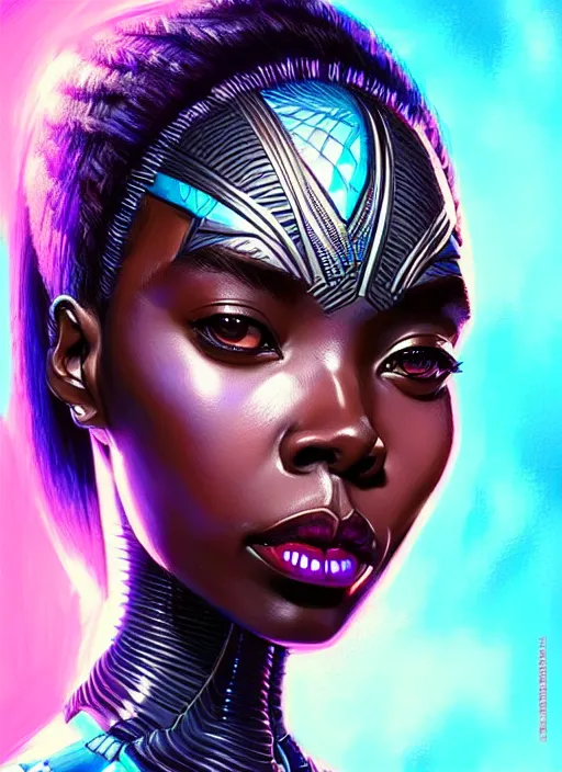 Prompt: portrait of female wakanda humanoid, very intricate, elegant, cyber neon lights, highly detailed, digital illustration, trending in artstation, trending in pinterest, glamor pose, concept art, smooth, sharp focus, art by artgerm and greg rutkowski