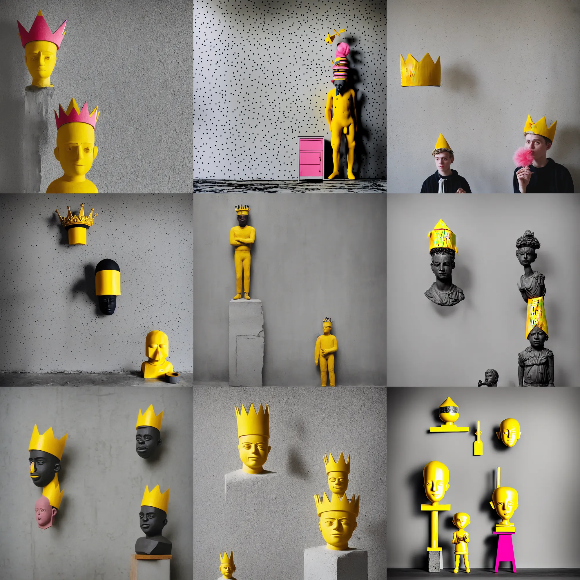 Prompt: kodak portra 4 0 0, 8 k, shot of a highly detailed, britt marling style, colour still - life portrait of a large minimalistic room, rough concrete walls, the wooden statue of a yellow black striped little man with pink crown on his head