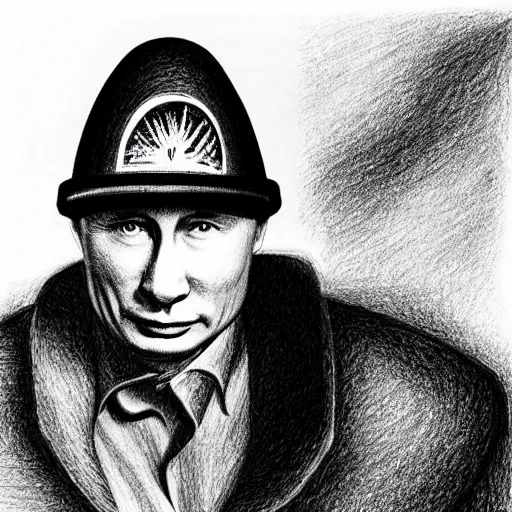 Prompt: vladimir putin wearing a nuclear mushroom cloud for a hat, cartoonish, ultra detailed pencil drawing