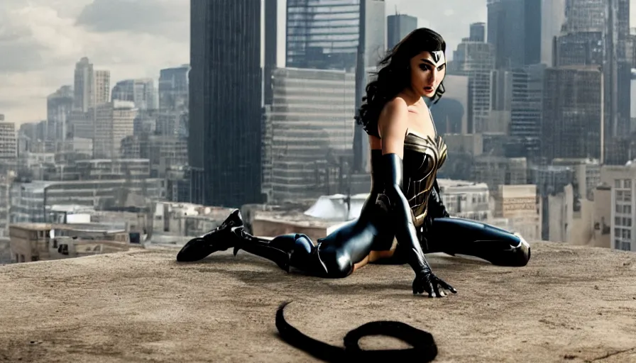 Image similar to gal gadot as catwoman sitting on a rooftom, still from the movie, barefooted