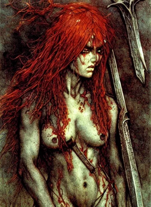 Prompt: redhead barbarian girl by Beksinski and Arthur Rackham, Yan Miller, Luis Royo