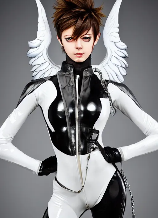 Image similar to portrait artwork of tracer overwatch, wearing white latex and leather straps catsuit outfit, in style of mark arian, angel wings, dramatic painting, wearing detailed leather collar, chains, black harness, detailed face and eyes,