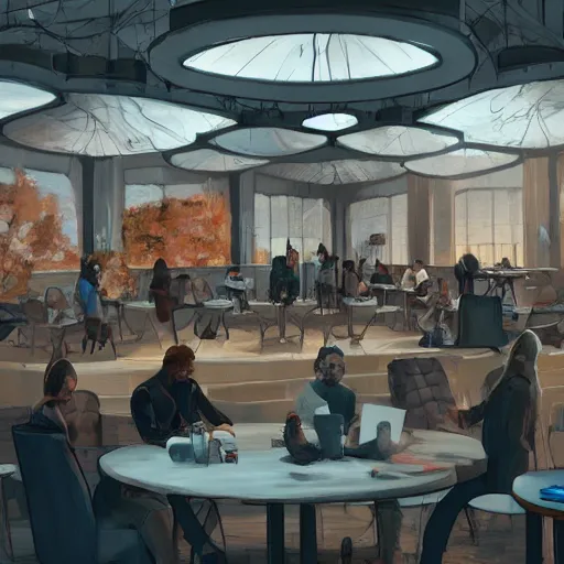 Image similar to concept, venue in meta space, people siting on many round tables, large screen on the wall, artstation