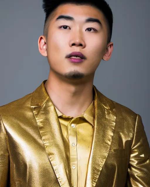Image similar to gold, hyper realistic photo of an asian male, 8 k, 8 5 mm f 1. 8