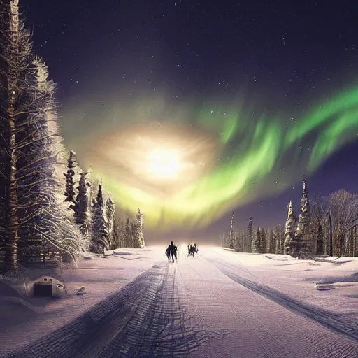 Image similar to a winter scene at night, northern lights, dog sled team, matte painting, high quality, trending on artstation