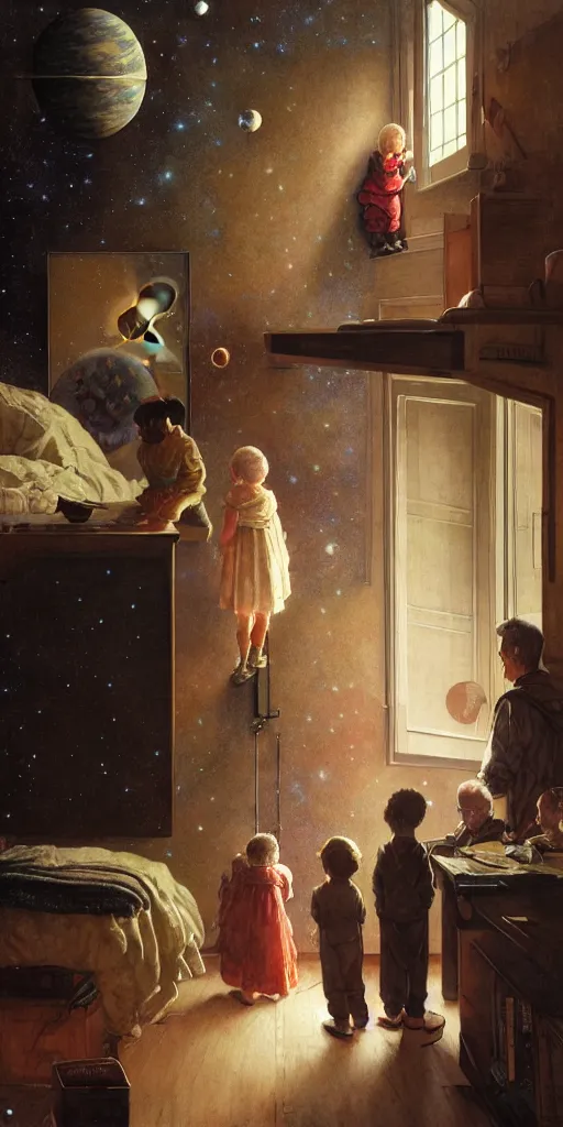 Image similar to a mother a father and 8 children looking at the wall of their bedroom and seeing the universe full of galaxies and planets, imagination, part by norman rockwell, part by greg rutkowski, part by mattias adolfsson, high angle, ( ( ( ( volumetric lighting ) ) ) ), oil on canvas