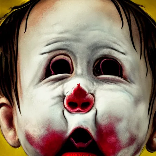 Prompt: closeup portrait of oversized head cute baby joker, gotham, haunted and scary theme park, in the bloody nighthy, hyperrealism, trending on artstation, art by tiago da silva