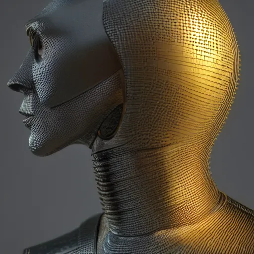 Image similar to hyperrealistic 3 d render of a bust of knight with futuristic fashion elements created by yuuki morita and ludvig holmen, brilliantly colored, kingdoms of ether, octane render, 3 d animated, unreal engine 5, volumetric lighting, hdr, studio lighting, smooth surface, 8 k