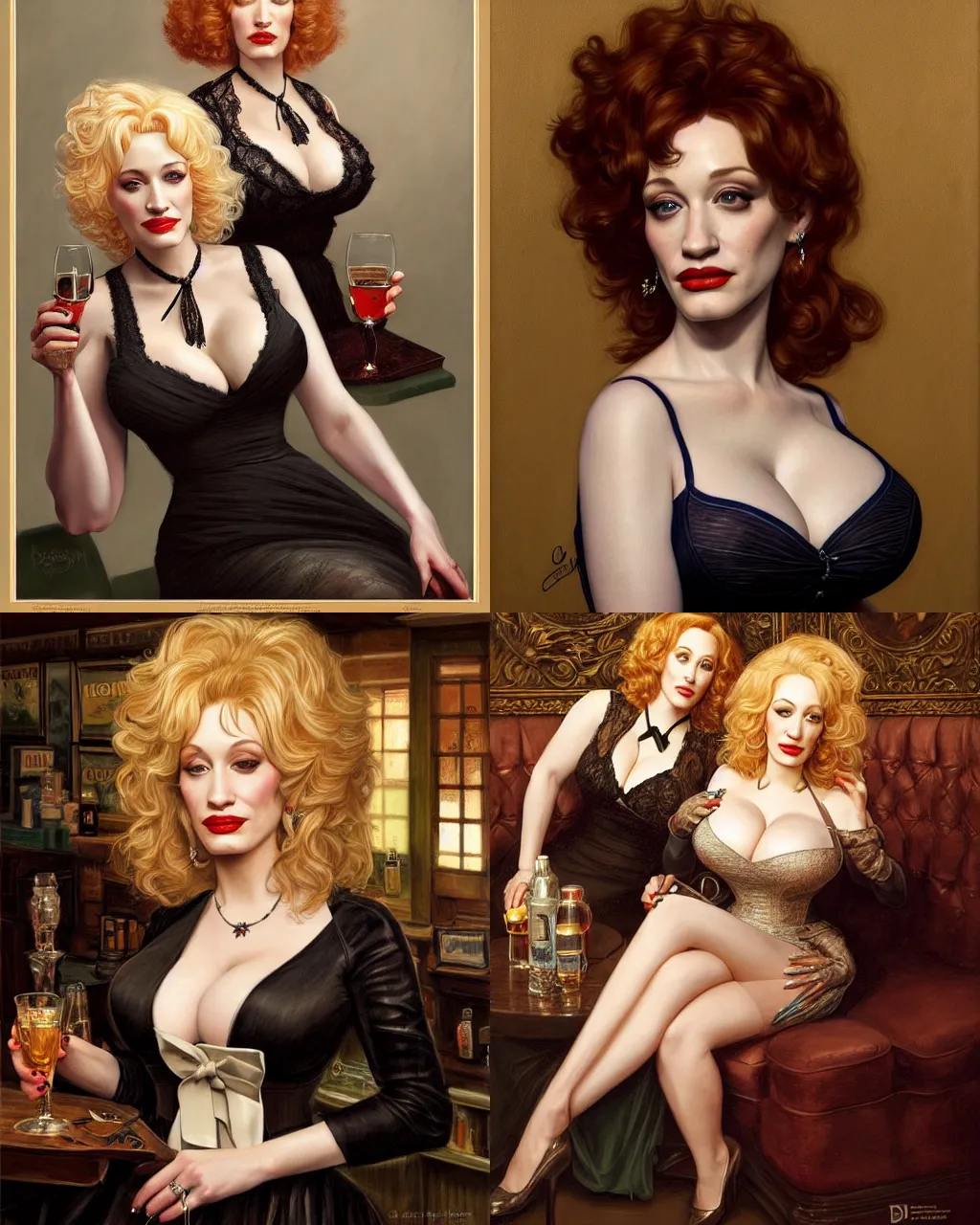 Prompt: sophisticated portrait of Christina Hendricks Dolly Parton Kat Dennings, very smoky Berlin bar, elegance, highly detailed, shallow depth of field, Artstation, Artgerm, Donato Giancola and Joseph Christian Leyendecker