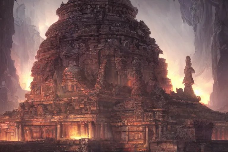 Image similar to the ancient temple, in the style of stephan martiniere and vicente segrelles, trending on artstation, back lighting tilt - shift cottagecore, abstract illusionism, movie poster, creature concept art, precisionism