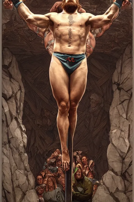 Prompt: crucified hulking herculean ogre conor mcgregor, masterpiece, intricate, elegant, highly detailed, digital painting, artstation, concept art, smooth, sharp focus, illustration, art by artgerm and greg rutkowski and alphonse mucha and uang guangjian and gil elvgren and sachin teng, symmetry!!