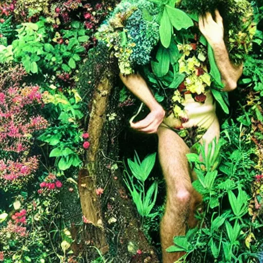 Image similar to Frank Zappa as a forest druid wearing a floral leotard frolicking in the hooded forest of verdant turmeric roots