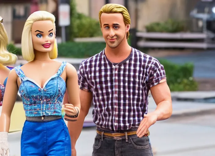 Image similar to a movie still of margot robbie as barbie. ryan gosling as ken doll. on the set of the new live action barbie movie.