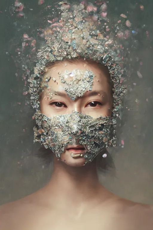 Prompt: A fancy portrait of a women wearing a lower face crystal mask by Greg Rutkowski, beeple, Sung Choi, Mitchell Mohrhauser, Maciej Kuciara, Johnson Ting, Maxim Verehin, Peter Konig, final fantasy, macro lens, 35mm, 8k photorealistic, cinematic lighting, HD, high details, dramatic, dark atmosphere, trending on artstation